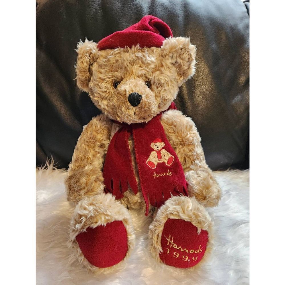 Harrods VINTAGE 1999 Holiday Christmas Bear. 14" Bear with Burgundy Hat & Scarf